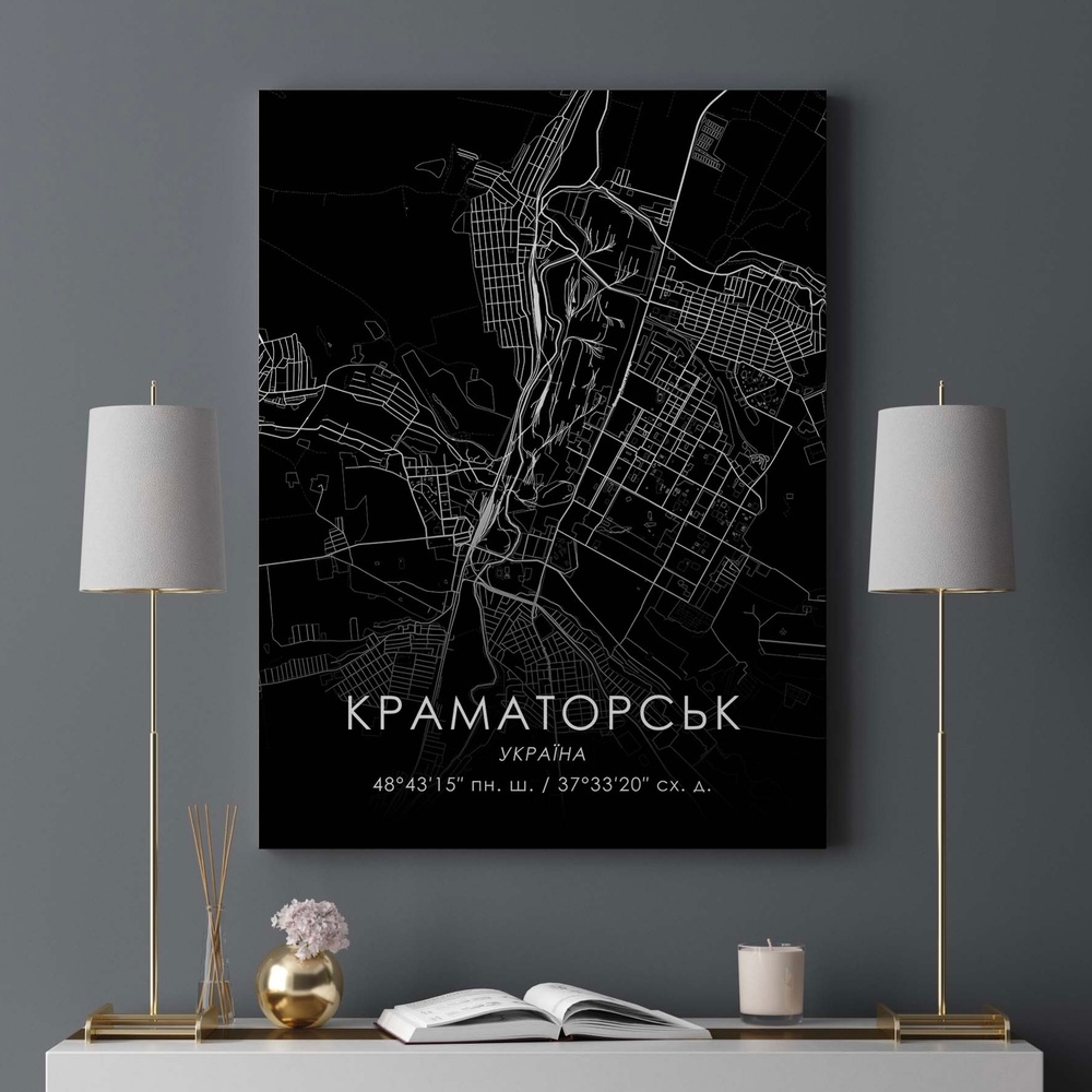 Постер без рамки "Карта города Краматорск на черном фоне" в размере 30х40