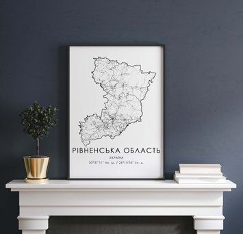 Постер у пластиковій рамці "Карта Рівненської області на білому тлі" в розмірі 50х70