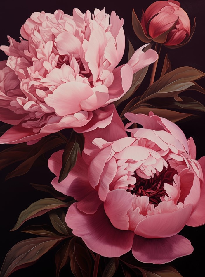 Сет из 3-х картин на фотобумаге с пластиковой рамкой и пластиком "Розовые пионы на черном фоне" в размерах 30х40 см.