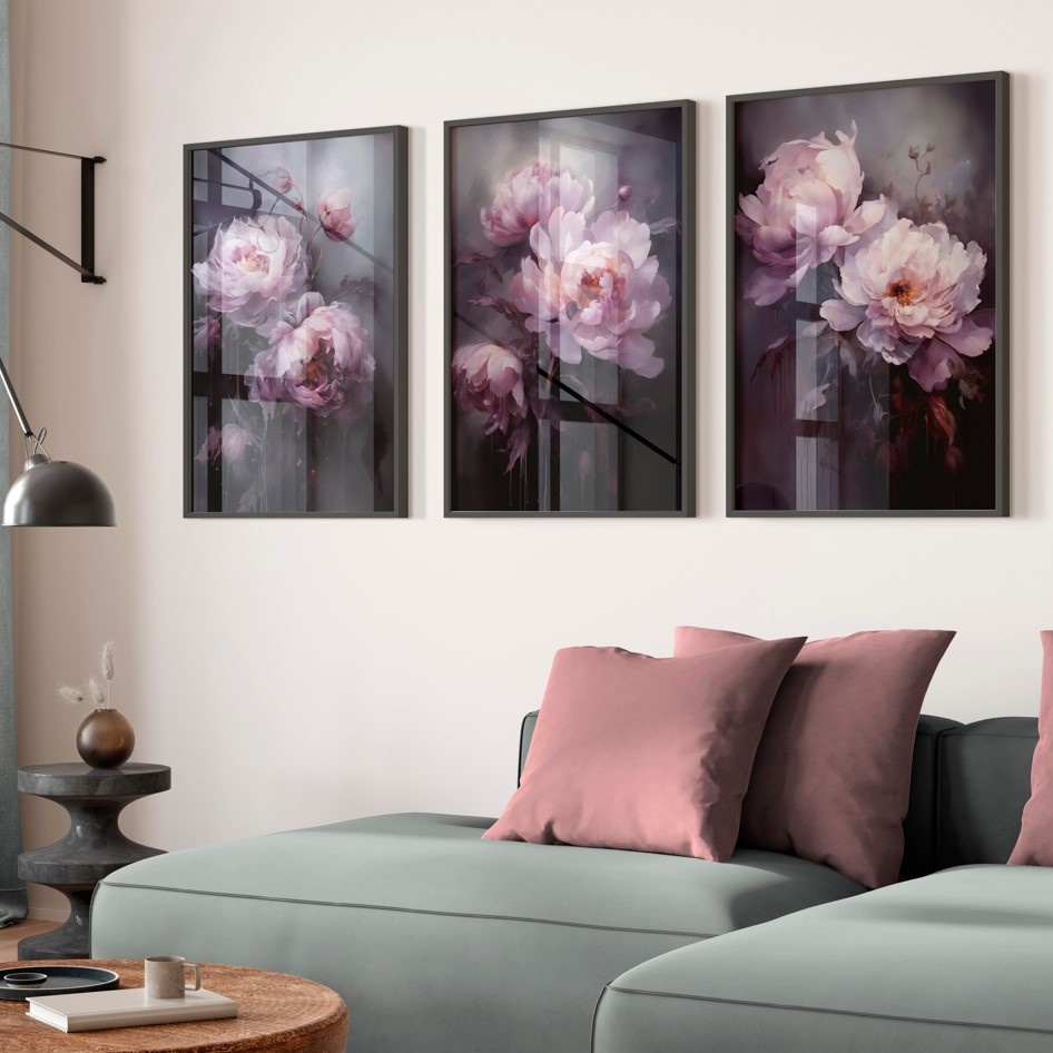 Сет из 3-х картин на фотобумаге с пластиковой рамкой и пластиком "Фиолетовая гармония цветов" в размерах 30х40 см.