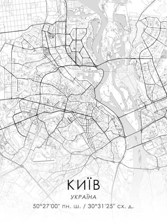 Постер без рамки "Карта міста Києва на білому тлі" в розмірі 30х40