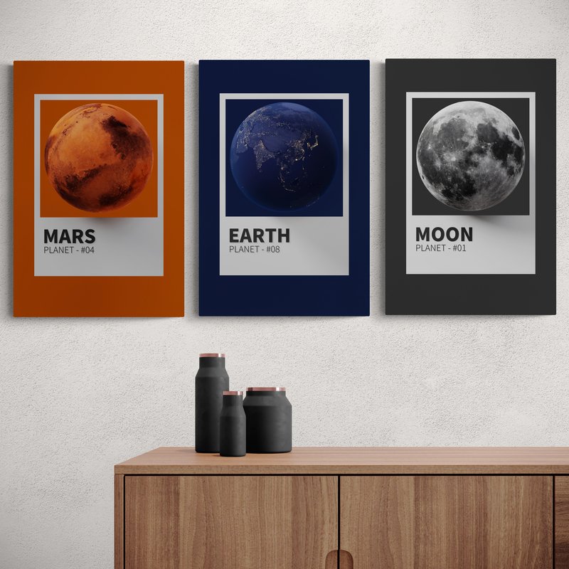 Сет з 3-х картин на полотні "Mars, Earth, Moon" у розмірах 40х50 см