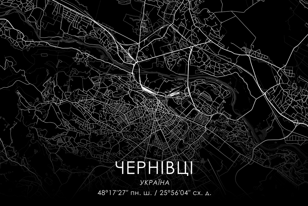 Постер без рамки "Карта Чернівці на чорному тлі" в розмірі 30х40