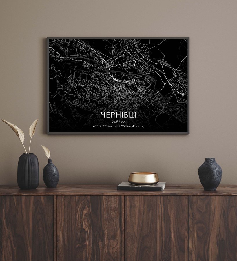 Постер без рамки "Карта Черновцы на черном фоне" в размере 30х40