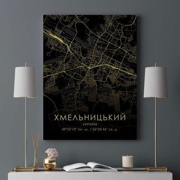 Постер у пластиковій рамці "Карта міста Хмельницький на чорному тлі" в розмірі 50х70