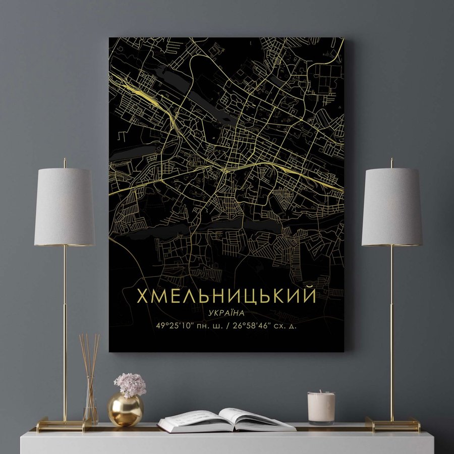 Постер без рамки "Карта міста Хмельницький на чорному тлі" в розмірі 30х40