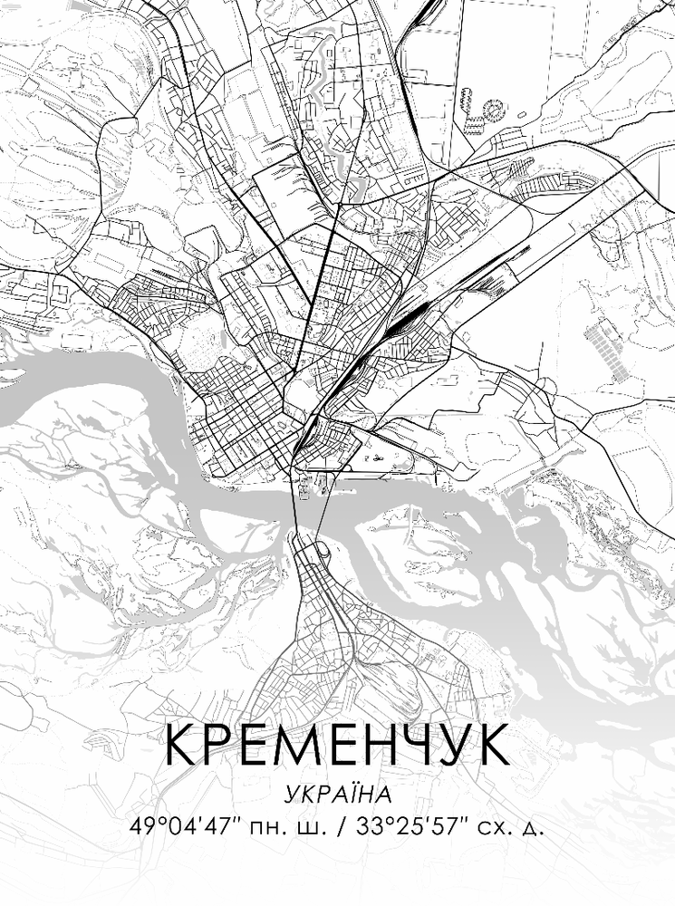 Постер без рамки "Карта міста Кременчук на білому тлі" в розмірі 50х70