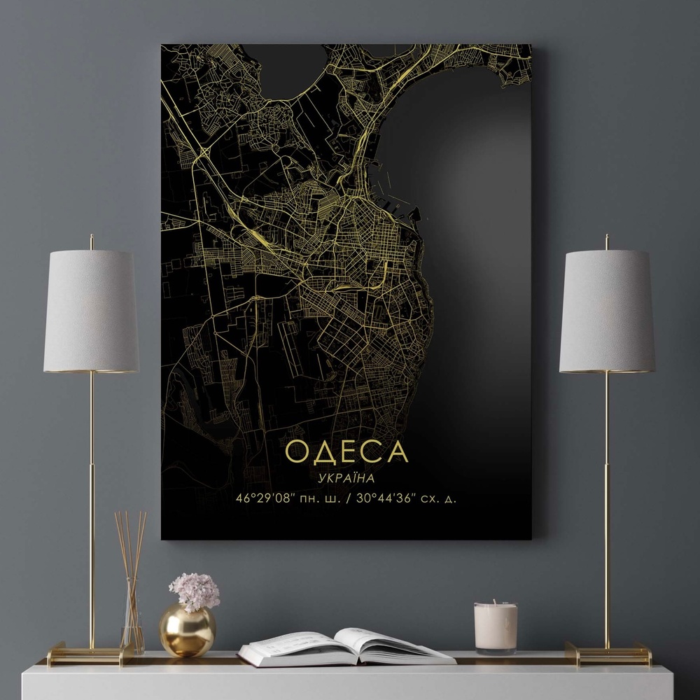 Постер без рамки "Карта міста Одеса на чорному тлі" в розмірі 20х30
