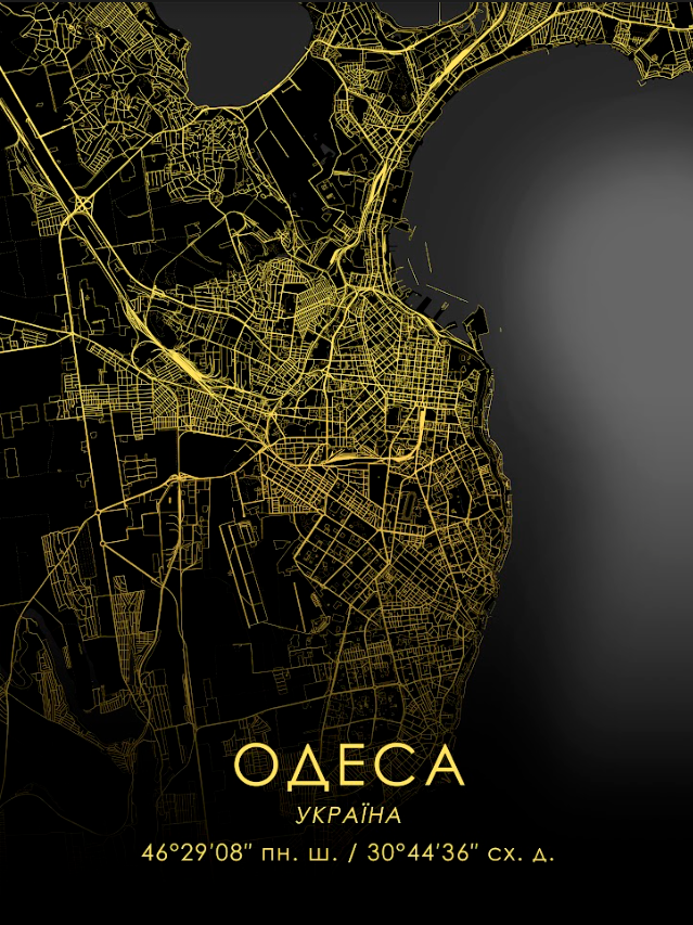 Постер без рамки "Карта города Одесса на черном фоне" в размере 30х40