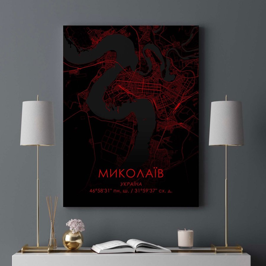 Постер без рамки "Карта міста Миколаїв на чорному тлі" в розмірі 30х40