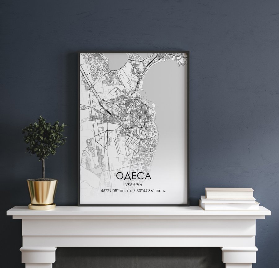 Постер без рамки "Карта міста Одеса на білому тлі" в розмірі 30х40
