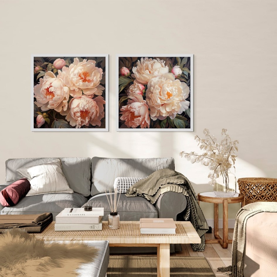 Сет из 2-х картин на фотобумаге с пластиковой рамкой и пластиком "Розовые пионы" в размерах 70х70 см.