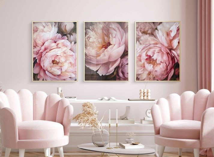 Сет из 3-х картин на фотобумаге с пластиковой рамкой и пластиком "Розовые пионы" в размерах 30х40 см.