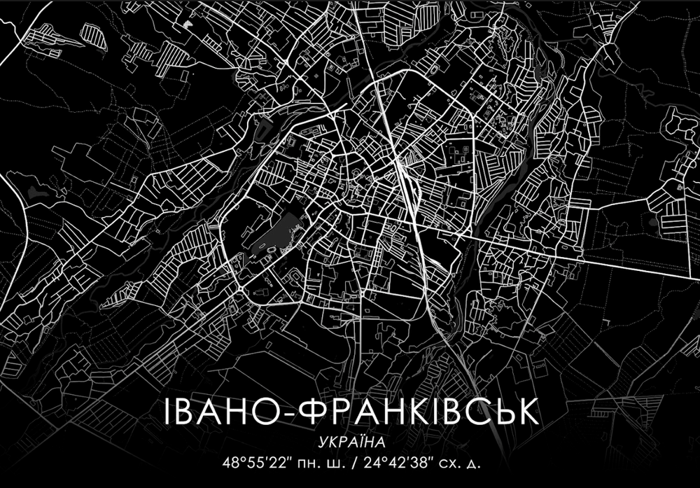 Постер без рамки "Карта города Ивано-Франковск на черном фоне" в размере 30х40
