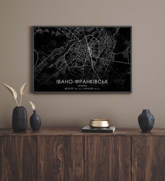 Постер у пластиковій рамці "Карта міста Івано-Франківськ на чорному тлі" в розмірі 50х70