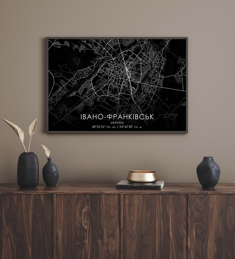 Постер без рамки "Карта міста Івано-Франківськ на чорному тлі" в розмірі 30х40