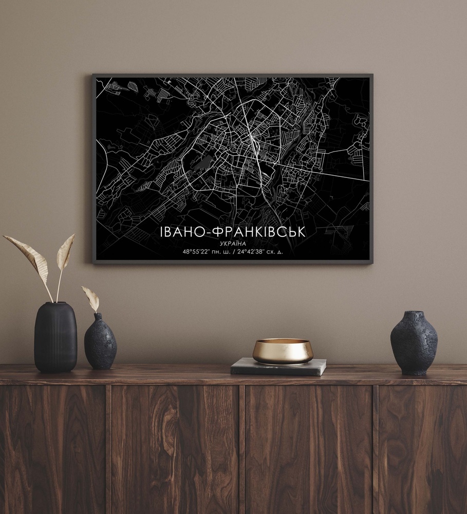 Постер без рамки "Карта города Ивано-Франковск на черном фоне" в размере 30х40