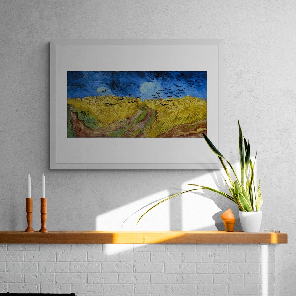 Постер без рамки "Пшеничное поле с воронами (В. Ван Гог) с белыми полями" в размере 30х40