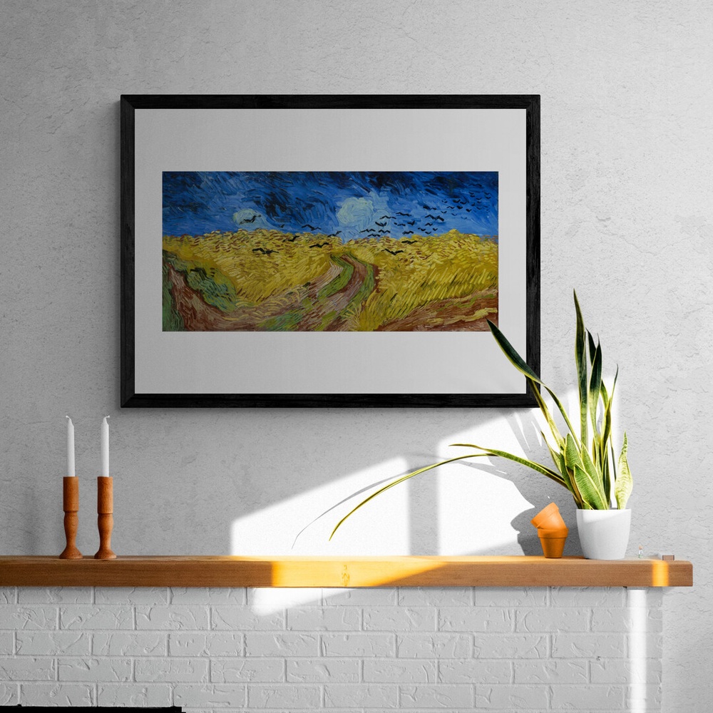 Постер без рамки "Пшеничное поле с воронами (В. Ван Гог) с белыми полями" в размере 30х40