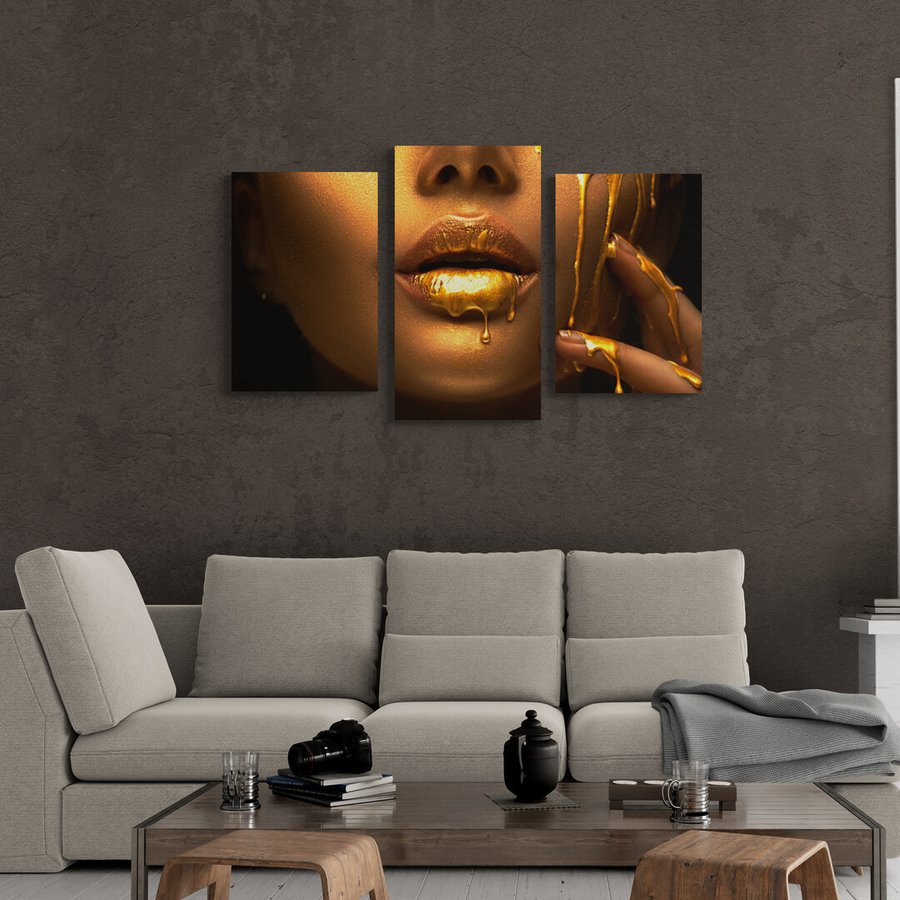 Модульна картина з 3 частин "Естетика золотих губ" в розмірі 102х60