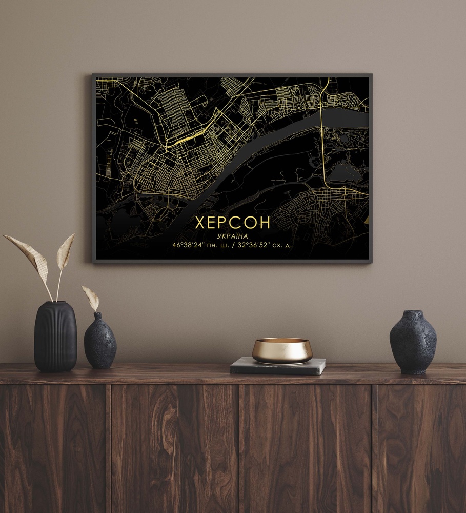Постер без рамки "Карта города Херсон на черном фоне" в размере 20х30