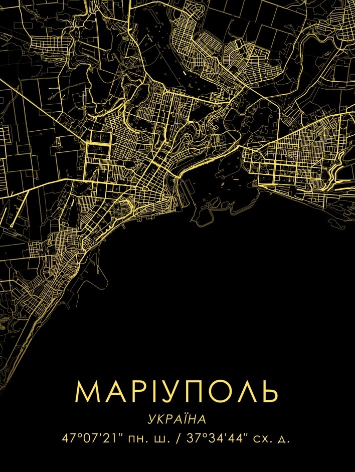 Постер без рамки "Карта міста Маріуполь на чорному тлі" в розмірі 30х40