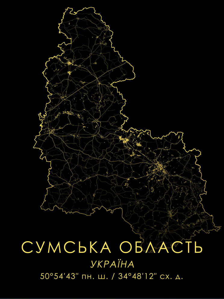 Постер без рамки "Карта Сумской области на черном фоне" в размере 20х30