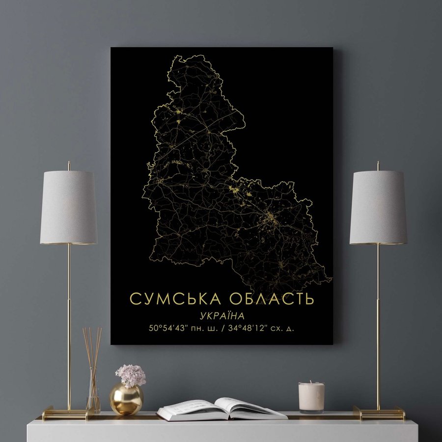 Постер без рамки "Карта Сумской области на черном фоне" в размере 30х40