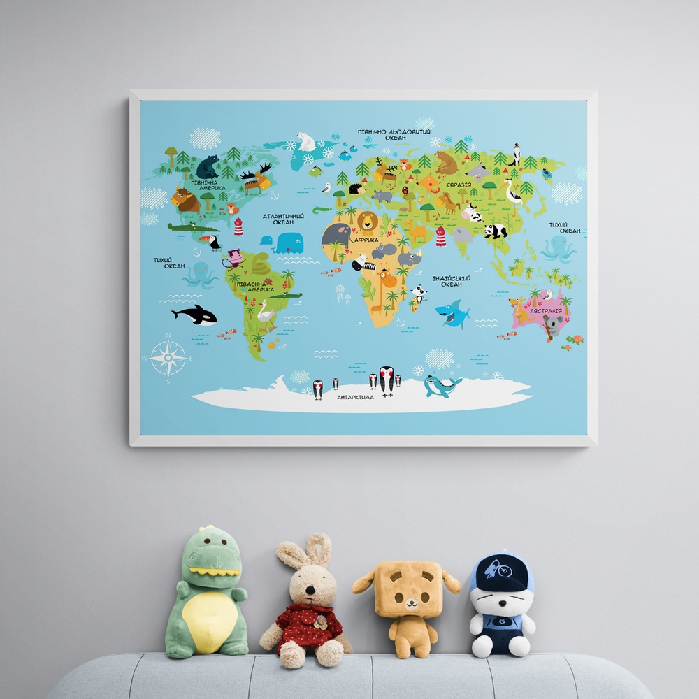 Постер без рамки "Карта мира с животными на синем фоне" в размере 30х40