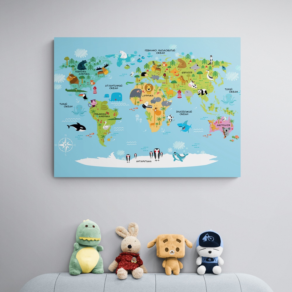 Постер без рамки "Мапа світу з тваринами на блакитному тлі" в розмірі 20х30