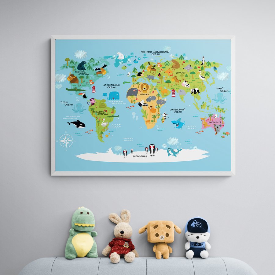 Постер без рамки "Мапа світу з тваринами на блакитному тлі" в розмірі 30х40