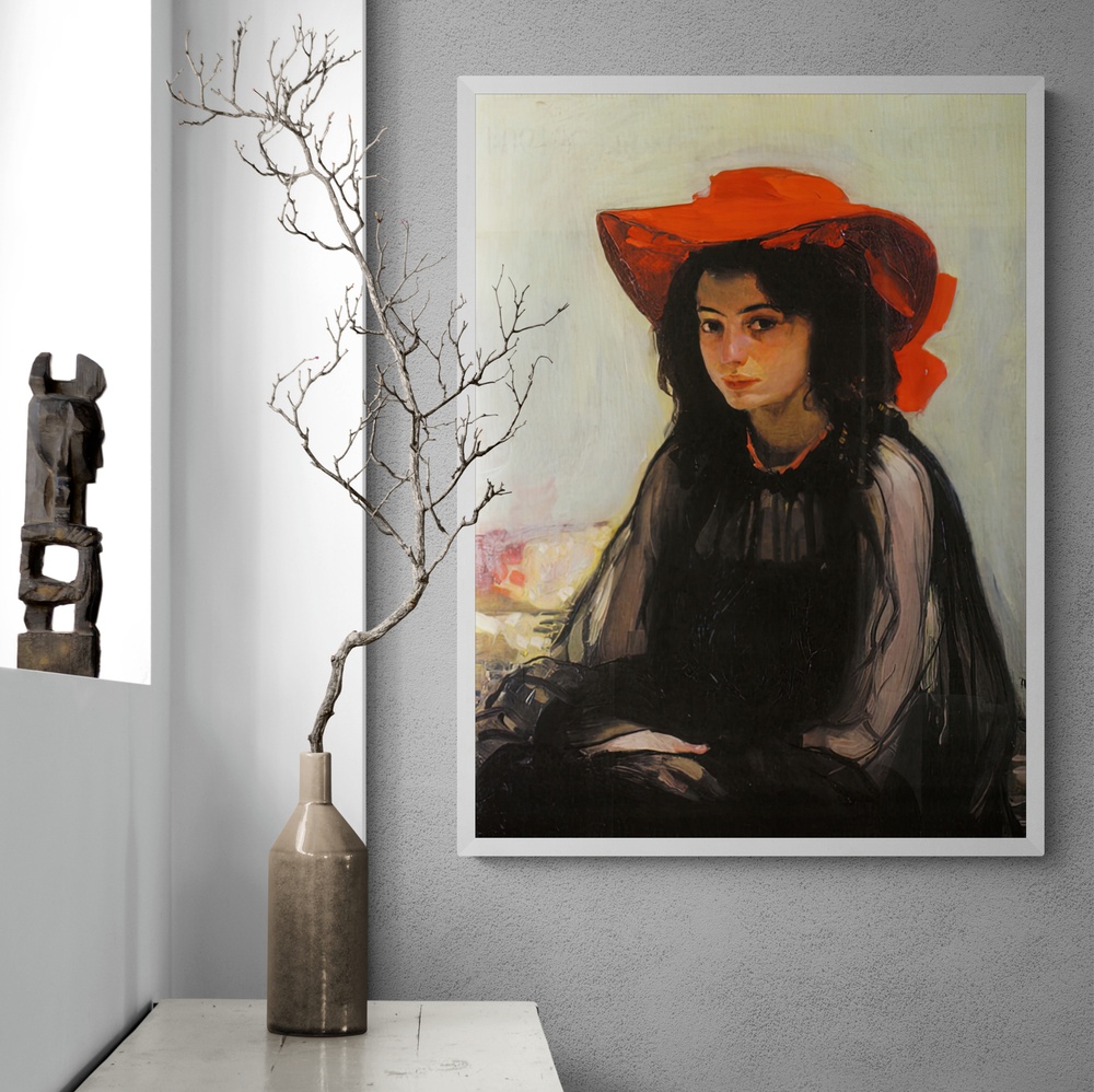 Постер без рамки "Дівчина в червоному капелюсі (О. Мурашко)" в розмірі 30х40
