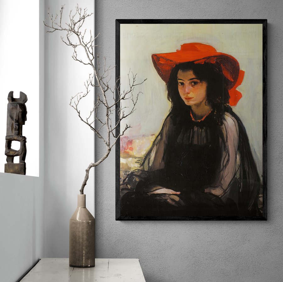 Постер без рамки "Дівчина в червоному капелюсі (О. Мурашко)" в розмірі 30х40