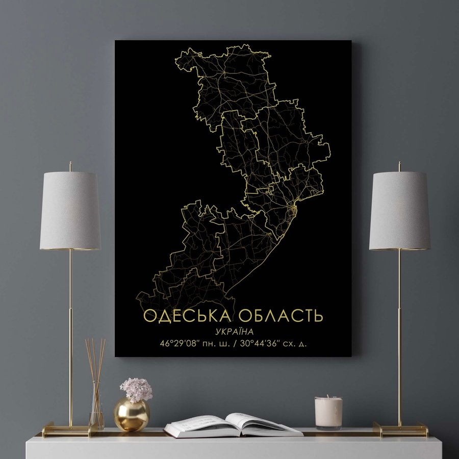 Постер без рамки "Карта Одеської области на чорному тлі" в розмірі 30х40