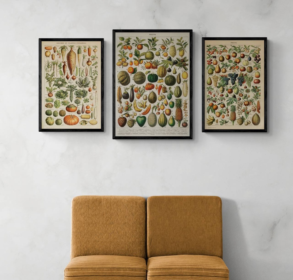 Сет из 3-х картин на фотобумаге с пластиковой рамкой и пластиком "Ретро овощи и фрукты" в размерах 50х70 см и 30х40 см