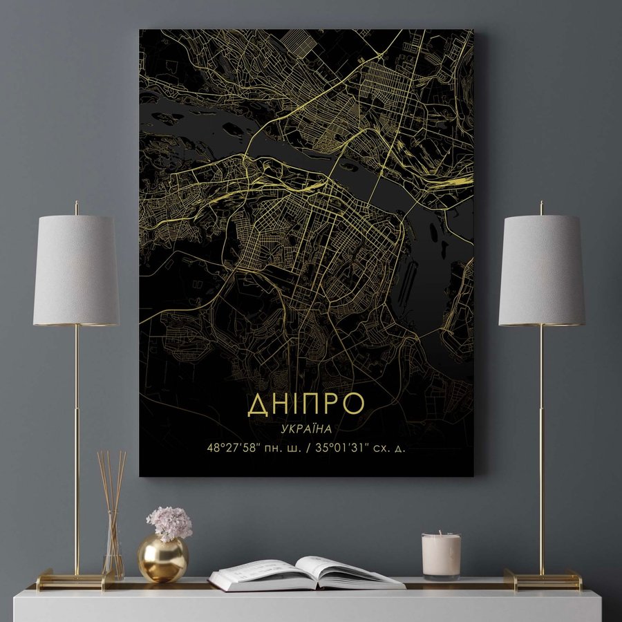 Постер без рамки "Карта міста Дніпро на чорному тлі" в розмірі 30х40