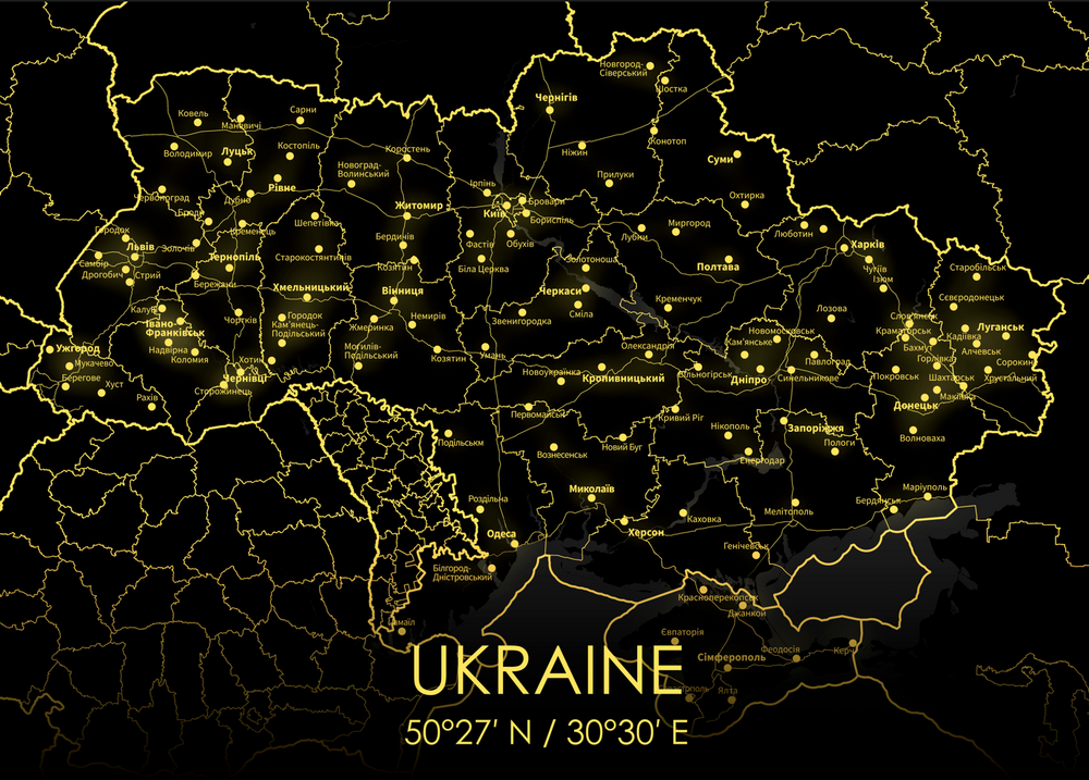 Постер без рамки "Карта Ukraine на чорному тлі" в розмірі 30х40