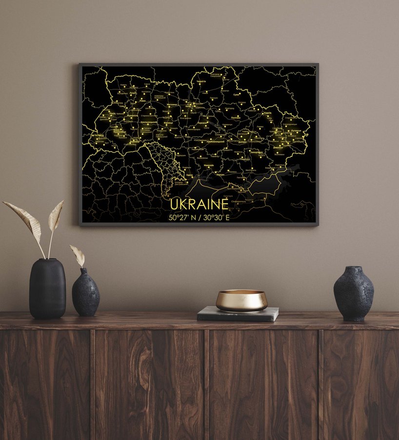 Постер без рамки "Карта Украина на черном фоне" в размере 30х40
