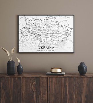 Постер у пластиковій рамці "Карта Україна на білому тлі" в розмірі 50х70
