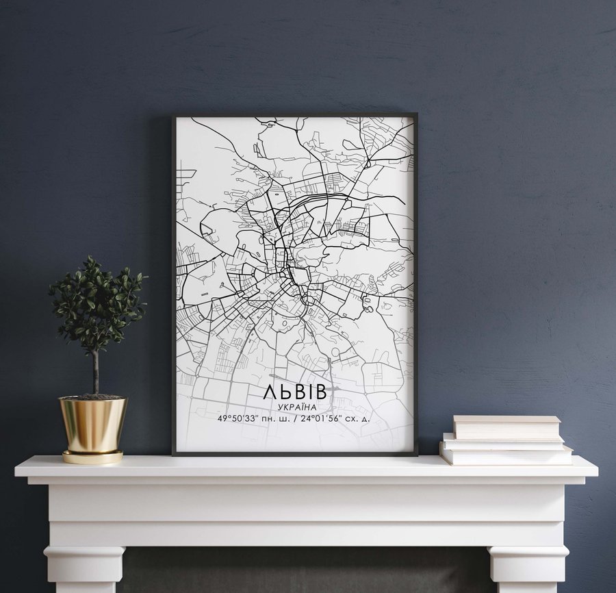 Постер без рамки "Карта міста Львів на білому тлі" в розмірі 30х40