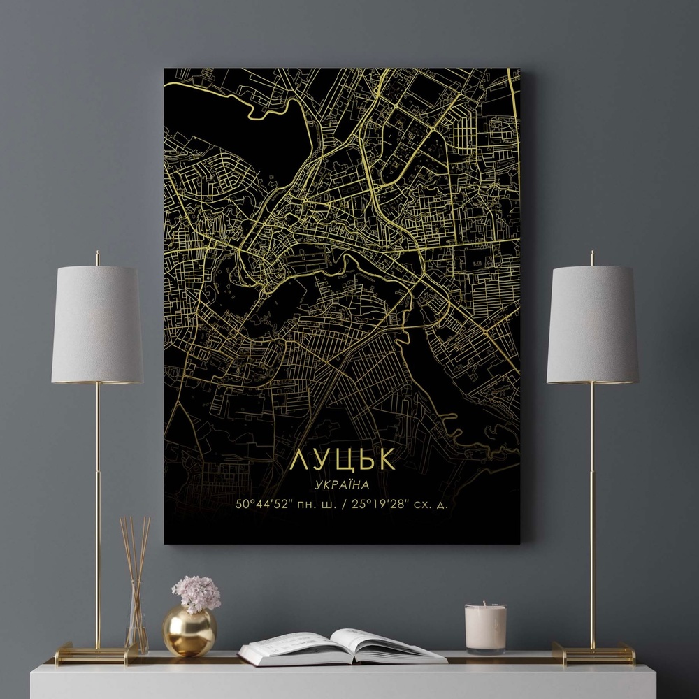 Постер без рамки "Карта міста Луцьк на чорному тлі" в розмірі 30х40