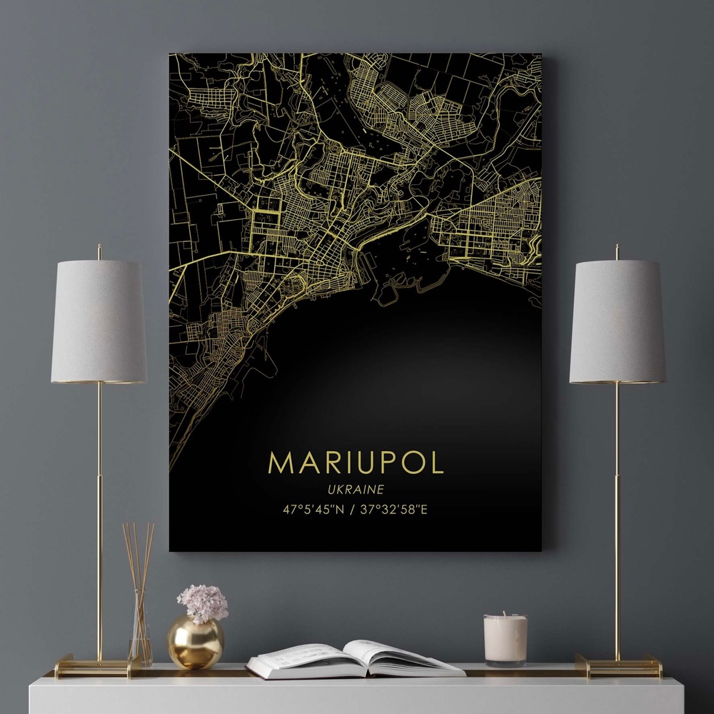 Картина полотна "Карта города Мариуполь на черном фоне" в размере 50х70