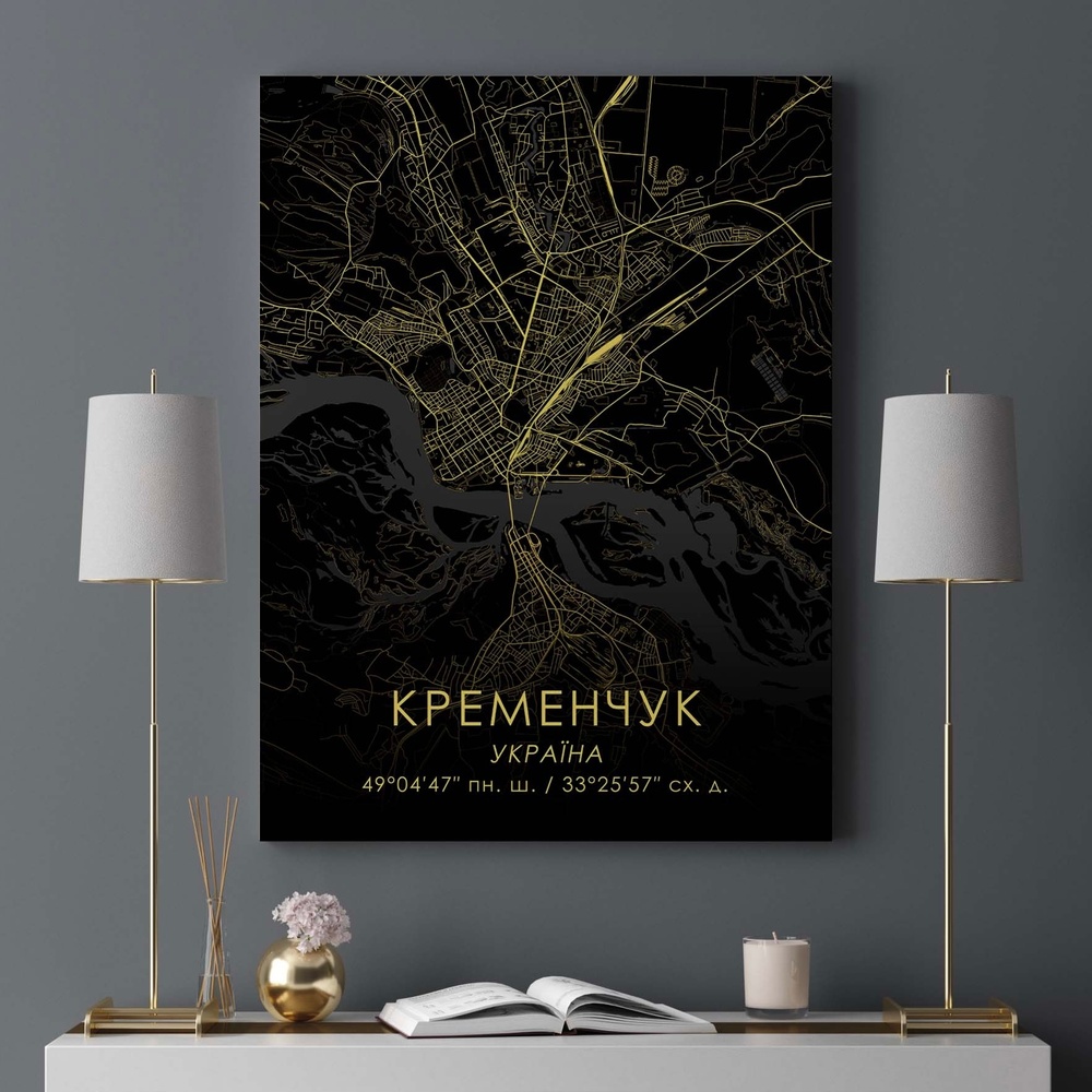 Постер без рамки "Карта города Кременчуг на черном фоне" в размере 30х40