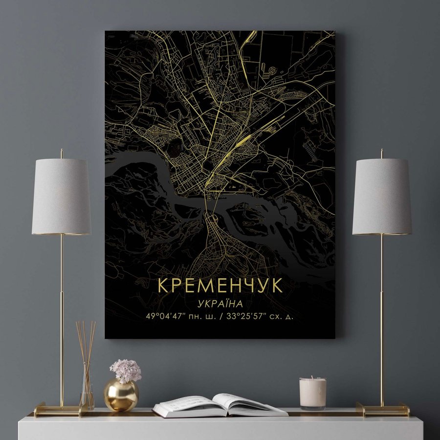 Постер без рамки "Карта міста Кременчук на чорному тлі" в розмірі 30х40