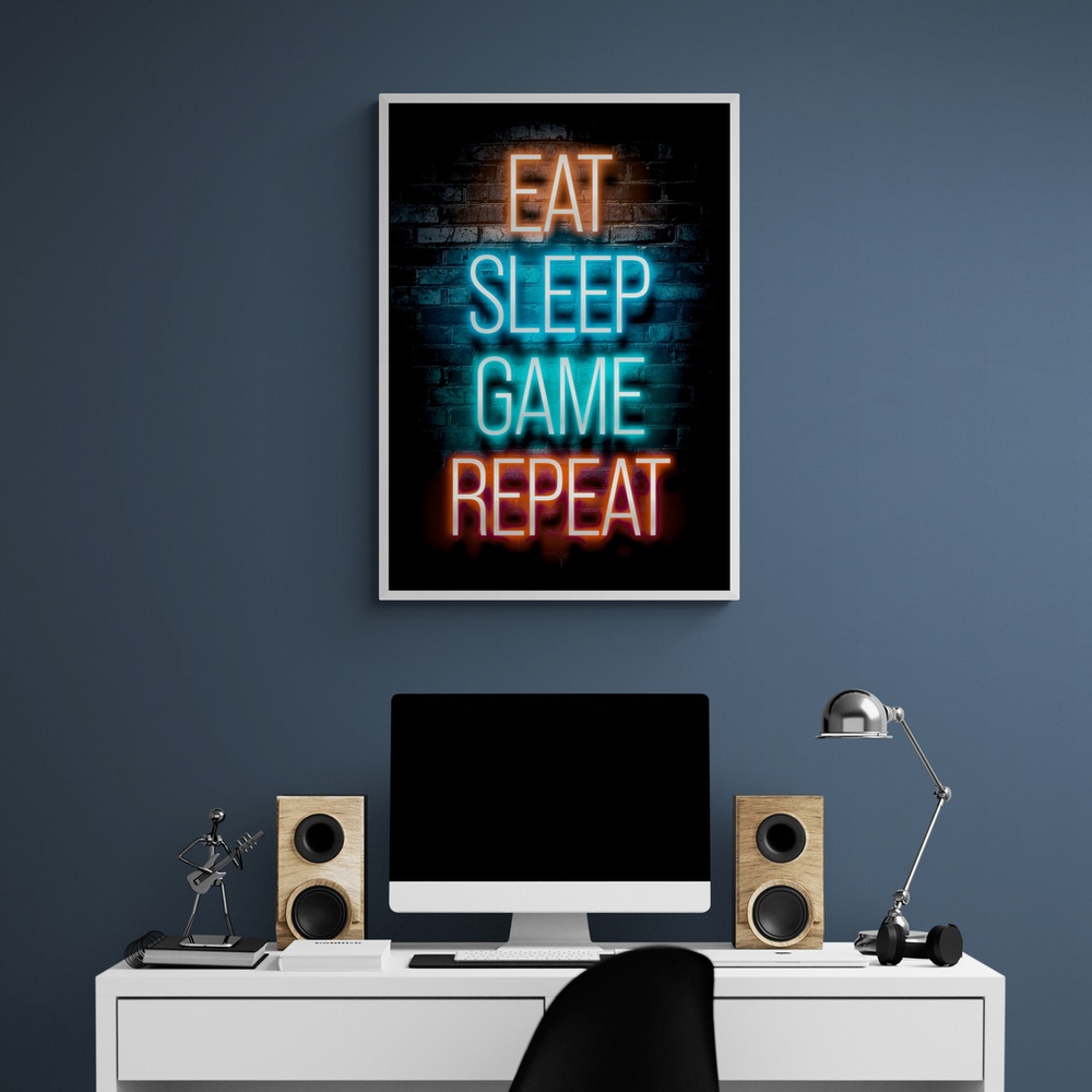 Постер без рамки "Eat, Sleep, Game, Repeat" в розмірі 30х40