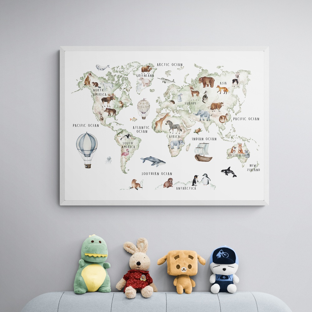 Постер без рамки "Карта мира с животными" в размере 30х40