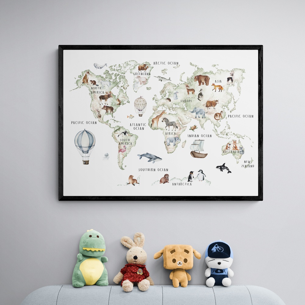 Постер без рамки "Карта мира с животными" в размере 30х40