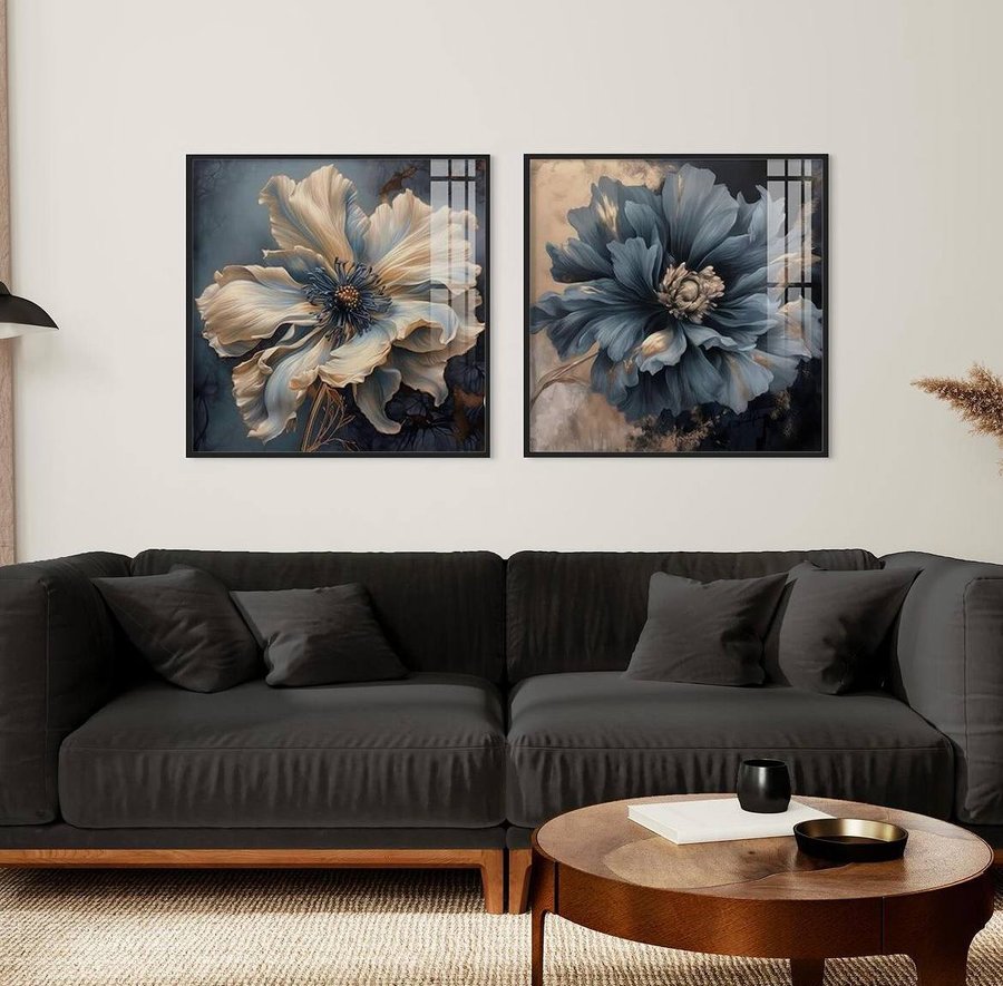 Сет з 2-х картин на фотопапері з пластиковою рамкою та пластиком "Сині квіти" у розмірах 70х70 см