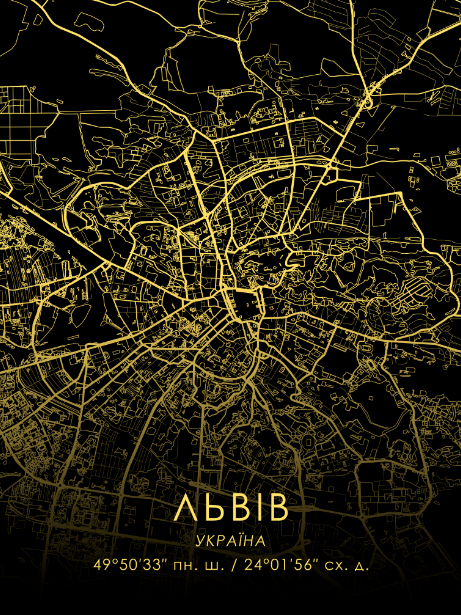 Постер без рамки "Карта міста Львів на чорному тлі" в розмірі 30х40