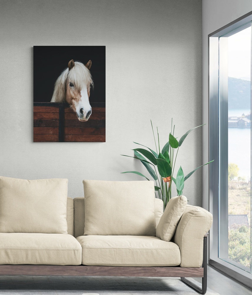 Постер без рамки "Лошадь в конюшне" в размере 30х40